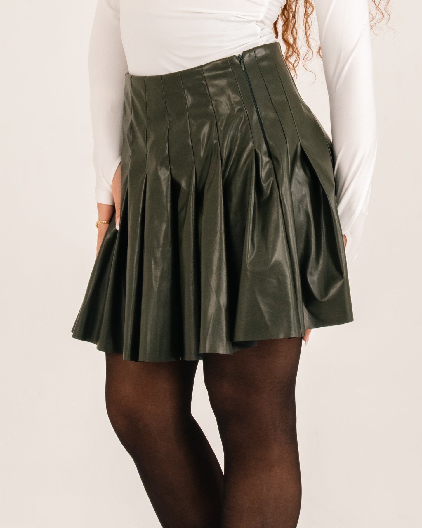 Olive pleated leather skirt