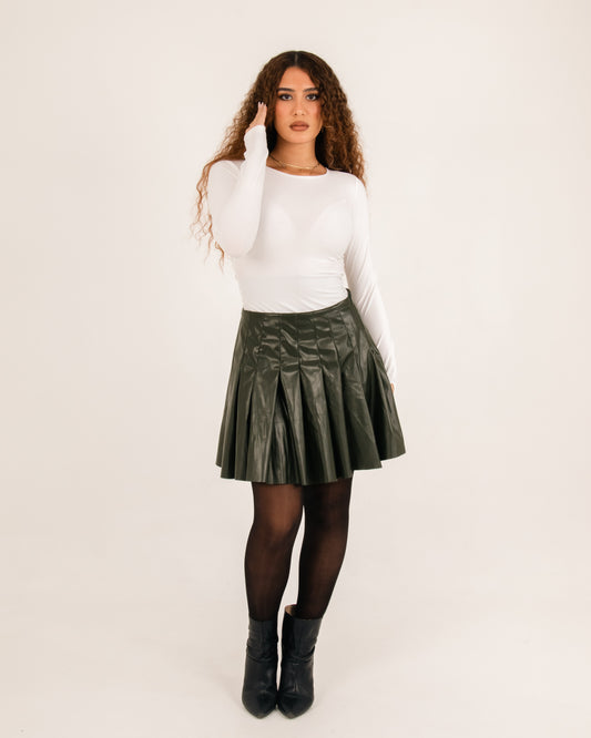 Olive pleated leather skirt